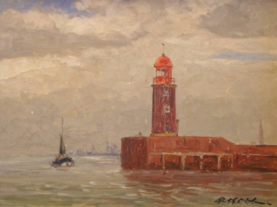 Auktion 350<br>Paul Ernst WILKE (1894-1972)  Mole in Bremerhaven, Öl/Hartfaser, restau.bedürftig, gerahmt, RG 40,5  x 50,5cm [1]