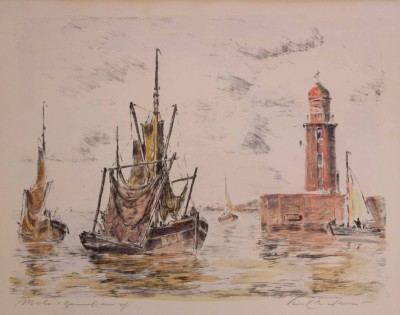 Auktion 350<br>Paul Ernst WILKE (1894-1972), Mole in Bremerhaven, Farblithographie, ger. /Glas, RG 53,5 x 61,5cm [1]