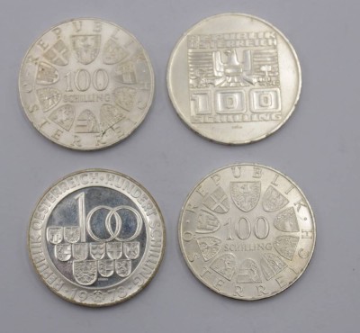 Auktion 350<br>4x div. 100 Schilling Münzen, 1976, 2x 1978 und 1979, zus. 95,4gr, ca. D-3,6cm [1]