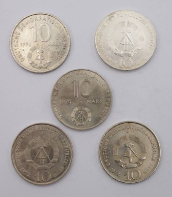 Auktion 350<br>5x 10 Mark Münzen, DDR, 1969, 1972, 1973, 1975, 2x beschädigt [1]