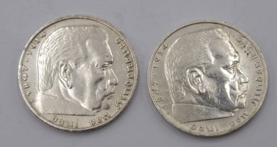 Auktion 350<br>2x 5 Reichsmark, Hindenburg, 1936/37, D-2,9cm [1]