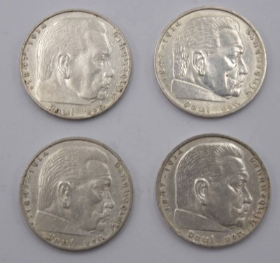 Auktion 350<br>4x 2 Reichsmark , Hindenburg, 1937/38/39, D-2,5cm [1]