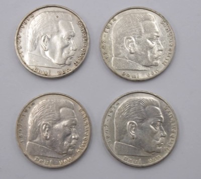 Auktion 350<br>4x 2 Reichsmark , Hindenburg, 1937/38/39, D-2,5cm [1]