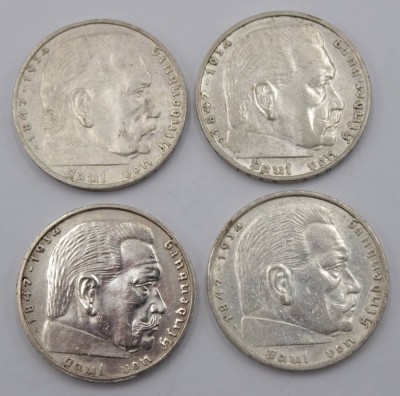 Auktion 350<br>4x 2 Reichsmark , Hindenburg, 1937/39, D-2,5cm [1]