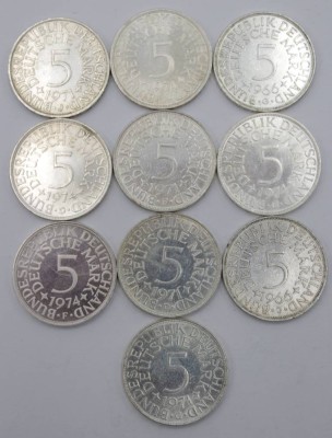 Auktion 350<br>10x 5 D-Mark Münzen, 1966 bis 1974, 112gr. [1]