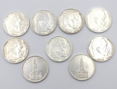 Auktion 350<br>9x 5 Reichsmark, Hindenburg und Kyffhäuser, 1934 bis 1936, 124,6gr. [1]