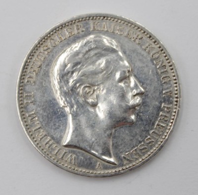 Auktion 350<br>Drei Mark 1909, Kaiser Wilhelm II, 16,6gr., D-3,3cm [1]