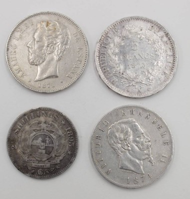 Auktion 350<br>4x antike Münzen, Silber, zus. 88,7 gr., 2 1/2 Schilling 1895, 5 Pesetas 1871,  5 Lira 1874 und 5 Franc 1873 [1]