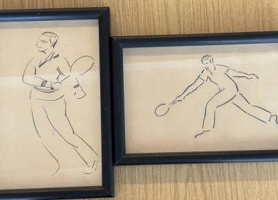 Auktion 350<br>2x anonyme Lithografien, Gottfried von Cramm beim Tennisspielen, ger/Glas, je 27x18 cm [1]