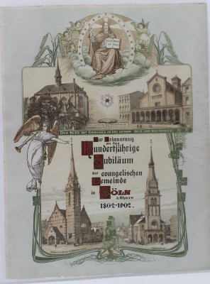 Auktion 352<br>grossformatiger farbiger Druck, Zur Erinnerung an das Hundertjährige Jubiläum der evangelischen  Gemeinde in Cöln a. Rhein 1802-1902, ca. 36,8 x 28cm [1]