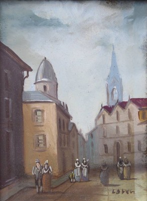 Auktion 351<br>Loven, Stadtansicht mit Personen, 20. Jhd., Öl/Malkarton, gerahmt, 25 x 22cm [1]