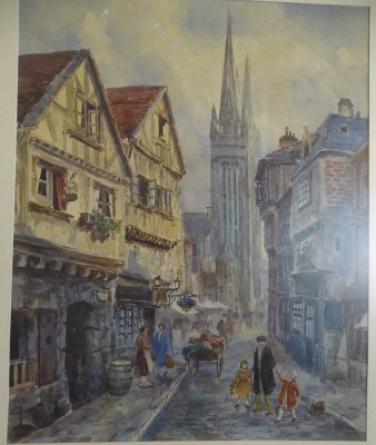 Auktion 351<br>F. Schäfer, grosses Aquarell, Altstadtszene, wohl  Frankreich, gut gerahmt/Glas, 70x58 cm [1]