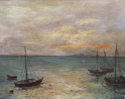 Auktion 352<br>Gerhard HAENISCH (1871-?), Boote in der Abendsonne, Öl/Hartfaser, gerahmt, RG 40 x 48cm [1]