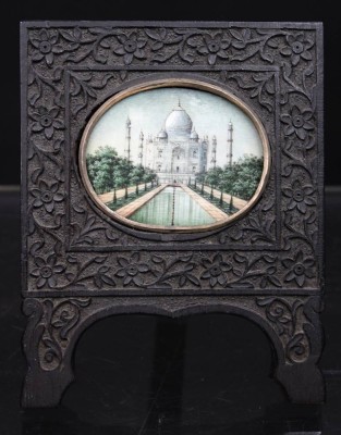 Auktion 352<br>indische Mintaturmalerei, Taj Mahal, Holzrahmen, älter, RG 13,3 x 10,5cm [1]