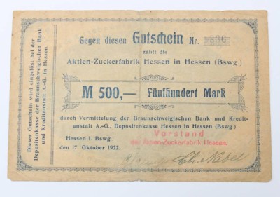 Auktion 352<br>Aktie - Zuckerfabrik Hessen in Hessen 500 Mark von 1922 [1]