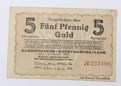 Auktion 352<br>Notgeldschein 5 Pfennig Gold , Bremerhaven /Geestemünde/Lehe [1]