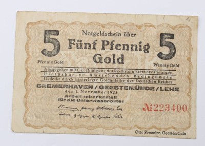 Auktion 356<br>Notgeldschein 5 Pfennig Gold , Bremerhaven /Geestemünde/Lehe [1]