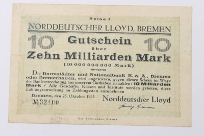 Auktion 356<br>Ein Gutschein über 10 Mrd. Mark,Norddeutscher Lloyd Bremen [1]