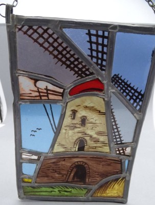 Auktion 352<br>kl. Fensterbild mit Bleiverglasung, Windmühle, 26x18 cm, Handarbeit [1]