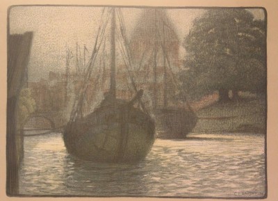 Auktion 352<br>Carl LANGHEIN (1872-1941) , Morgen im Hafen, Farblithographie, ger./Glas, RG 47,5 x 57,5cm [1]