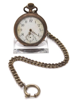 Auktion 353<br>Herrentaschenuhr um 1920, 800er Silbergehäuse, Kronenaufzug, Werk läuft, Sekunde fehlt, an Metallkette, D-4,6cm [1]