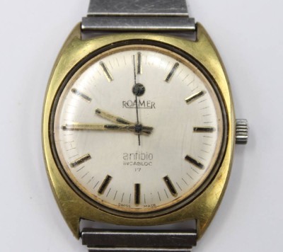 Auktion 353<br>Herren-Armbanduhr, Roamer anfibio, Handaufzug, Werk läuft, stark getragene Erhaltung, D-3,3cm [1]