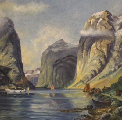 Auktion 353<br>R.Thoma, Fjordlandschaft, Öl/Malkarton, gerahmt, RG 37 x 37cm [1]