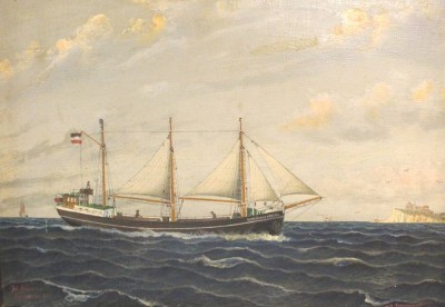 Auktion 353<br>Julius GREGERSEN (1860-1953), M/S Geheimrat Königs, Hamburg, Kpt. M.Knüppel, Öl/Platte, Flensburg 1945, gerahmt, RG 39 x 52,5cm [1]