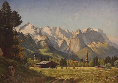 Auktion 353<br>unleserl. signiert, verso betitelt, Sommertag am Fuss der Zugspitze, Öl/Leinwand, gerahmt, RG 88,5 x 119cm, Speditionsversand. [1]