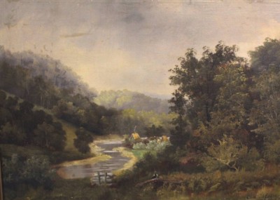 Auktion 353<br>Carl Schleicher o,ä,. 1898, Landschaft mit Person, Öl/Leinwand, alt gerahmt, RG 54 x 72cm [1]