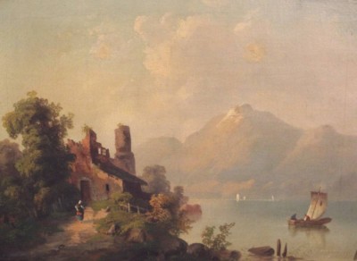 Auktion 353<br>anonymer Altmeister, Landschaft mit Personen, Öl/Hartfaser, gerahmt, RG 49,5 x 64cm [1]