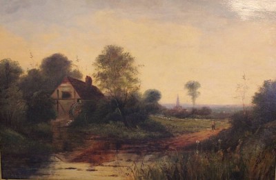 Auktion 353<br>l.u. J. Balf o.ä., Landschaft mit Person und Gebäude, wohl 19. Jhd., gerahmt, RG 65 x 90,5cm [1]