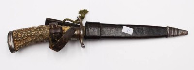 Auktion 353<br>Jagdmesser, 19. Jhd., Lederscheide, Geweihgriff, L-27cm [1]