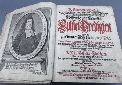 Auktion 353<br>Predigten-Buch von Dr. Franz Julii Lütkens, 1725, Pergament Einband der Zeit, Altersspuren [1]