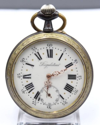 Auktion 354<br>gr. Taschenuhr, Regulateur, Eisengehäuse, um 1900, Kronenaufzug, Werk läuft, D-6,8cm [1]