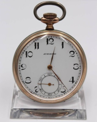 Auktion 354<br>schöne Junghans-Taschenuhr, Metallgehäuse, Kronenaufzug, Werk läuft, D-5cm [1]