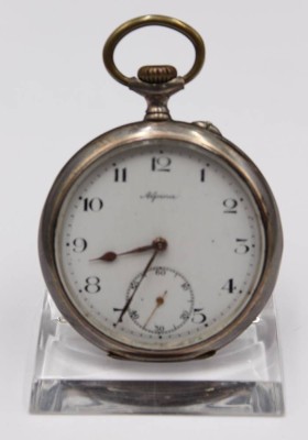 Auktion 354<br>Herren-Taschenuhr um 1930, Alpina, 800er Silbergehäuse, Kronenaufzug, Werk läuft, Innendeckel mit Gravur, D-4,5cm [1]