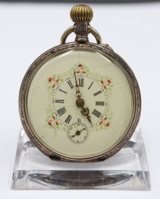 Auktion 354<br>Taschenuhr um1900, Silbergehäuse, floral bemaltes Ziffernblatt, Kronenaufzg, Werk läuft, D-4,5cm [1]