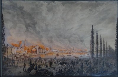 Auktion 354<br>Der große Brand in Hamburg vom 5. - 8. Mai 1842.- Blick auf die Binnenalster von der Ecke Lombardsbrücke aus gesehen. [1]