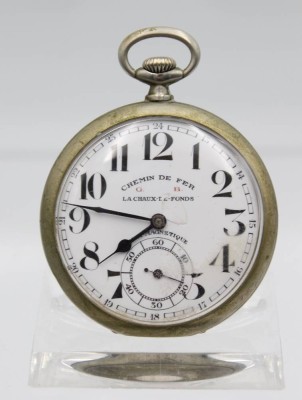 Auktion 355<br>Herrentaschenuhr um 1900, Chemin de fer La Chaux le Fonds, Kronenaufzug, Werk läuft, D-4,7cm [1]