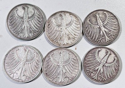 Auktion 355<br>11x 5 DM Kursmünzen, 1951-1974, grosser Adler, Silber, Nennwert 55 DM [1]