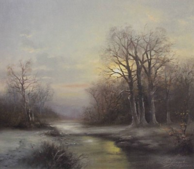 Auktion 355<br>Rudolf Otto Franke (1926 - 1992), winterliche Abendstimmung, Öl/Leinwand, gerahmt, RG 72 x 81,5cm [1]