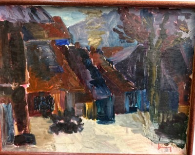 Auktion 355<br>Heinz Glüsing (1920 - 2013), 1963, Hamburger Künstler, s. Wikipedia, Hinterhof im Winter, Öl/Pappe, gerahmt, RG 50x66 cm [1]