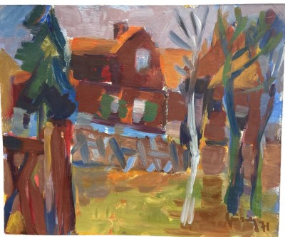 Auktion 355<br>Heinz Glüsing (1920 - 2013), 19671 Hamburger Künstler, s. Wikipedia, Häuser im Herbst, Öl/Pappe, 34x41 cm [1]