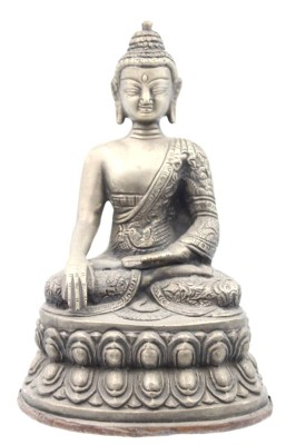 Auktion 355<br>Buddha auf Lotusthron, wohl Bronze versilbert, 20. Jhd., Bodenplatte aus Kupfer, ca. H-21,2cm [1]