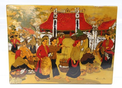 Auktion 355<br>asiatische Lackmalerei, unleserl. signiert, div. Abplatzer, ca. 30 x 40cm [1]