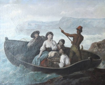 Auktion 355<br>anonymer Altmeister, Familie im Ruderboot an Küste, Öl/Leinwand, gerahmt, RG 68 x 81cm. [1]