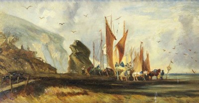 Auktion 355<br>anonymes Gemälde, Boote am Strand, Öl/Holz, gerahmt., RG 34 x 48cm [1]