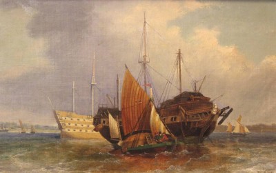 Auktion 355<br>wohl Jacob A. JACOBS (1812-1879) , Schiffe im Hafen, Öl/Holz, gerahmt, RG 42 x 57cm [1]