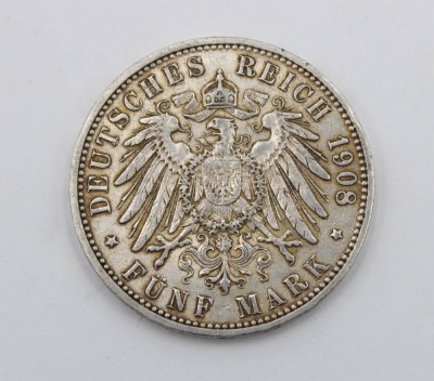 Auktion 356<br>5 Reichsmark, Hamburg, 1908, J, D-3,8cm, 27,6gr. [1]